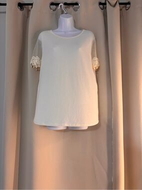 Women's Cream Short Sleeve Blouse with Crochet Sleeve Accent